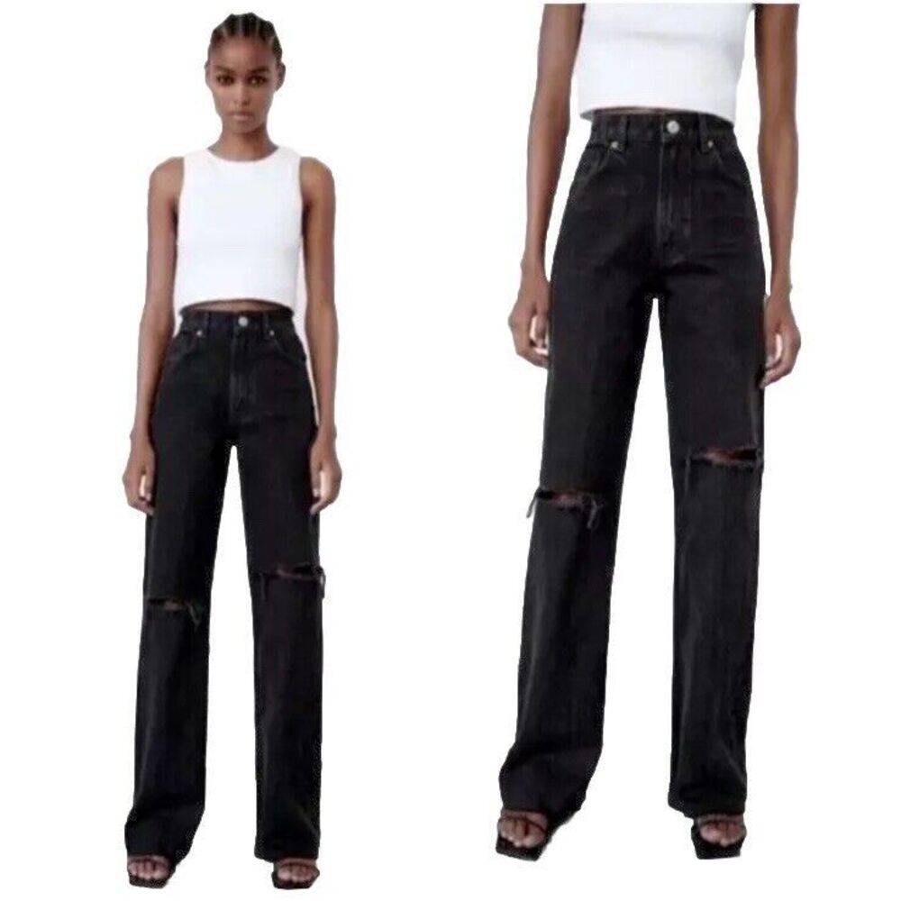 Zara Jeans Distressed Wide leg High-Rise Black‎   Size 2 Women